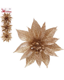 Champagne Glitter Poinsettia with Clip 10cm Pack of 3