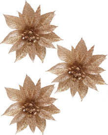 Champagne Glitter Poinsettia with Clip 10cm Pack of 3