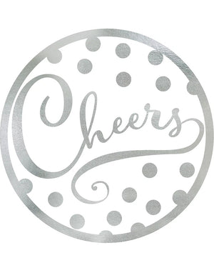 Image of round white coaster with silver boarder, dots and the word 'cheers'.