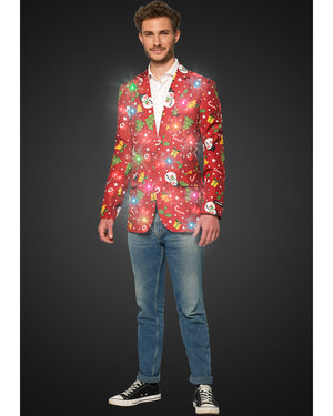 Light Up Red Christmas Icons Mens Suitmeister Jacket