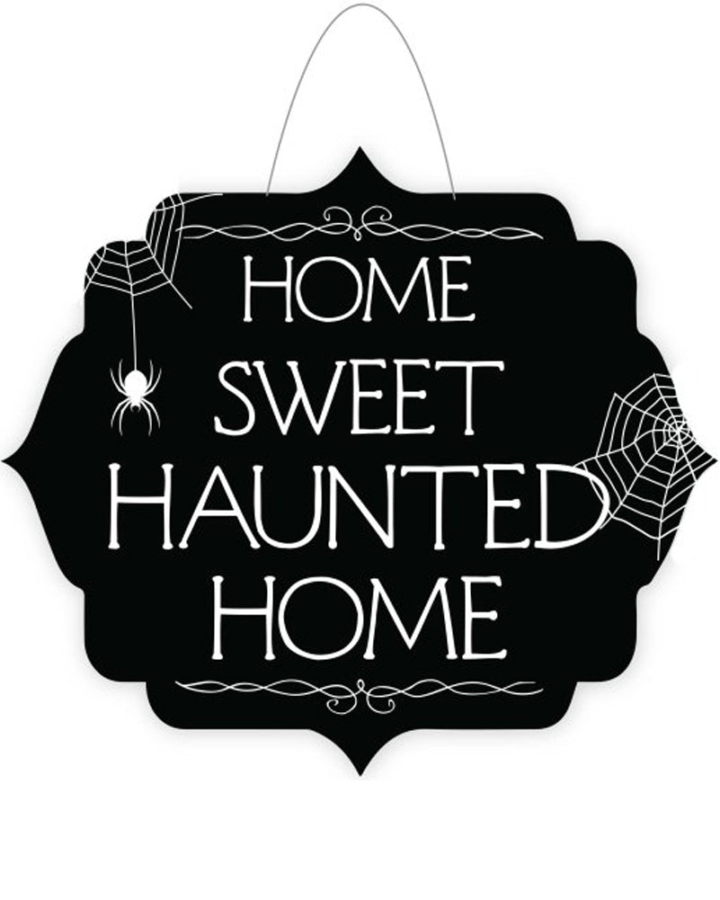 Halloween Classic Black and White Home Sweet Haunted Home Hanging Door Sign