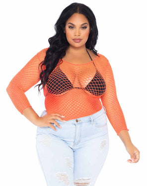 80s Coral Spandex Long Sleeved Net Plus Size Womens Shirt