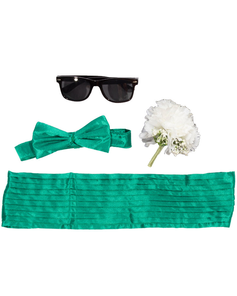 80s School Formal Mens Bow Tie Glasses Flower and Cumberbund Set