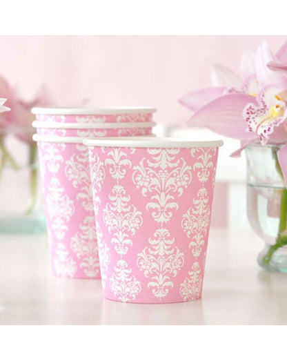 Pink Damask 300ml Paper Cups Pack of 12