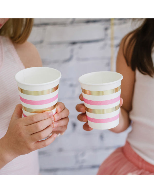 Gold and Pink Stripe 300ml Paper Cups Pack of 10