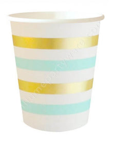Mint Gold Stripes 300ml Paper Cups Pack of 10