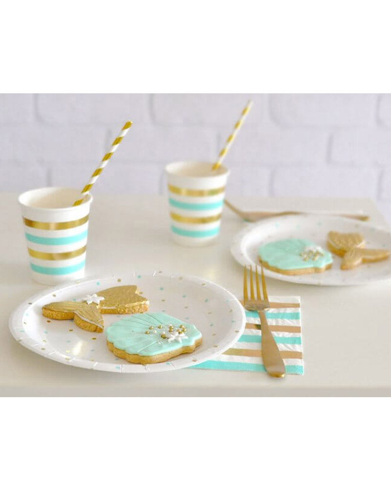 Mint Gold Stripes 300ml Paper Cups Pack of 10