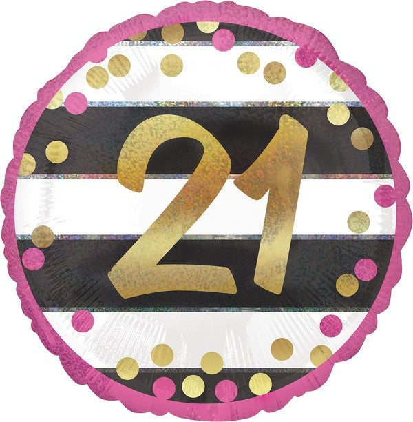 45cm Standard Holographic Pink & Gold Milestone 21 Balloon