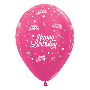 Sempertex 30cm Happy Birthday Twinkling Stars Metallic Fuchsia Latex Balloons 25PK Pack of 25