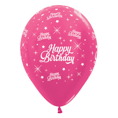 Sempertex 30cm Happy Birthday Twinkling Stars Metallic Fuchsia Latex Balloons 25PK Pack of 25