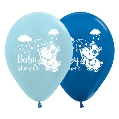 Sempertex 30cm Baby Shower Hippo Satin Pearl Blue & Metallic Blue Latex Balloons 25PK Pack of 25