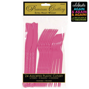 Premium Cutlery Set 24 Pack Bright Pink - Extra Heavy Weight Pack of 24