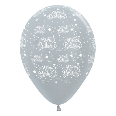 Sempertex 30cm Happy Birthday Stars Satin Pearl Silver Latex Balloons 6PK Pack of 6