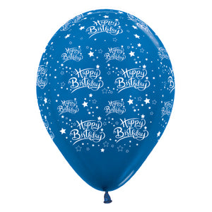 Sempertex 30cm Happy Birthday Stars Metallic Blue Latex Balloons, 6PK Pack of 6