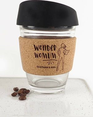 Wonder Mum Personalised Engraved Cork Band Travel Cup with Black Lid