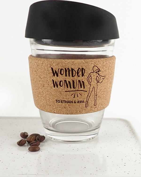 Wonder Mum Personalised Engraved Cork Band Travel Cup with Black Lid