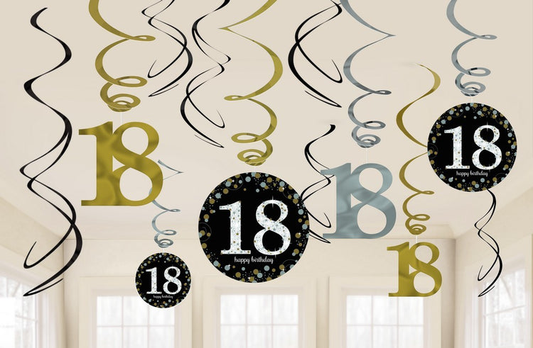 Sparkling Celebration 18th Hanging Swirl Decorations Pack of 12