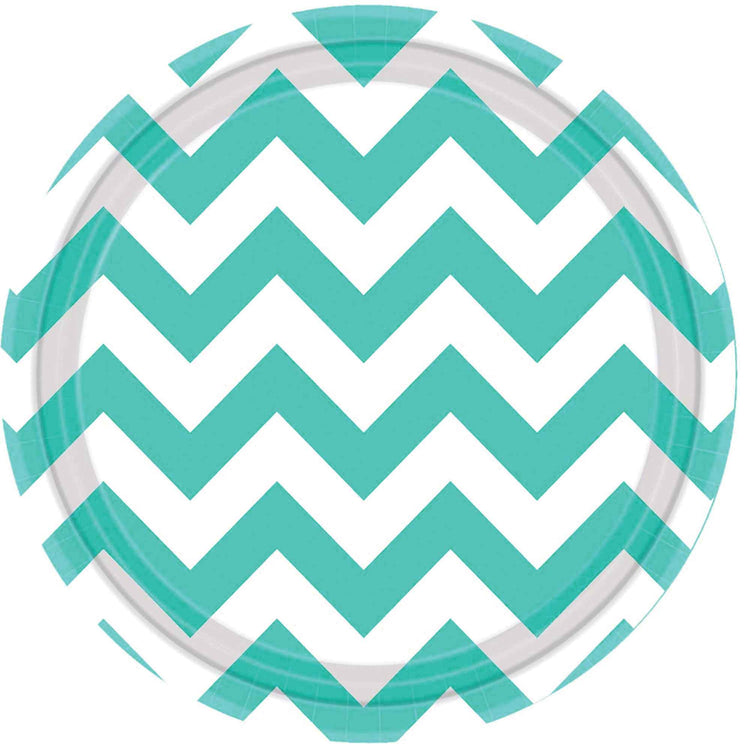 Robins Egg Blue Chevron 23cm Round Paper Plates Pack of 8