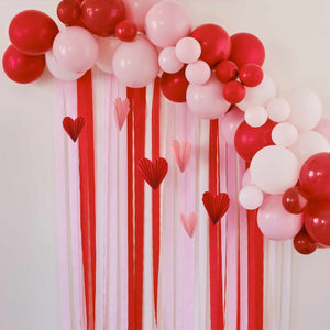 Be Mine Red & Pink Balloon Arch Party Backdrop with Streamers and Paper Hearts