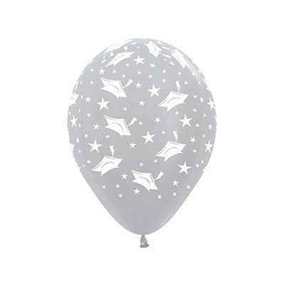 Sempertex 30cm Graduation Hats & Stars Satin Pearl Silver Latex Balloons, 12PK Pack of 12