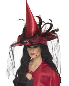 Deep Red Glamour Witch Hat with Feathers For Halloween