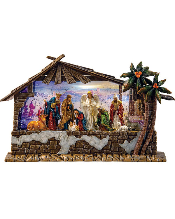 Deluxe USB Christmas LED Nativity Scene with Glitter Swirl and Music 34cm