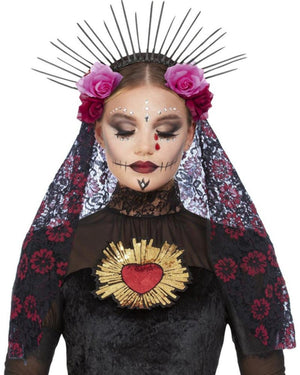 Deluxe Sunburst Day of the Dead Headband with Veil