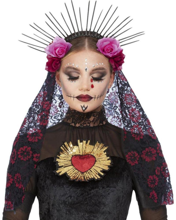 Deluxe Sunburst Day of the Dead Headband with Veil