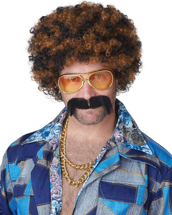 70s Disco Dirt Bag Brown Wig and Moustache