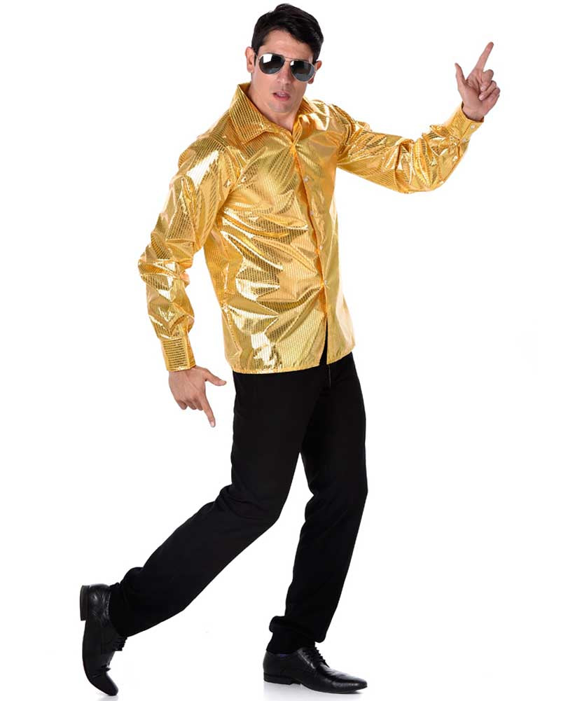 70s Disco Sequinned Gold Mens Shirt