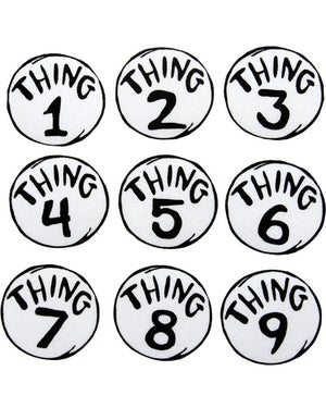 Image of round white Dr Seuss Thing 1-9 patches. 