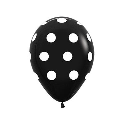 Sempertex 30cm Polka Dots on Fashion Black Latex Balloons 12PK Pack of 12