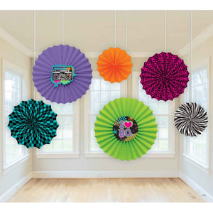 80s Printed Paper Fans Pack of 6
