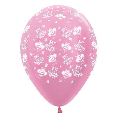 Sempertex 30cm 1st Birthday Girl Bumble Bees Satin Pearl Pink Latex Balloons, 6PK Pack of 6