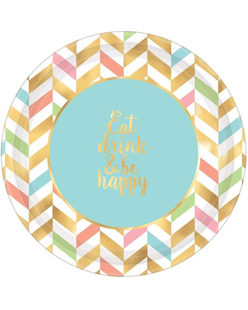 Eat Drink and Be Happy 26cm Round Metallic Plate Pack of 8