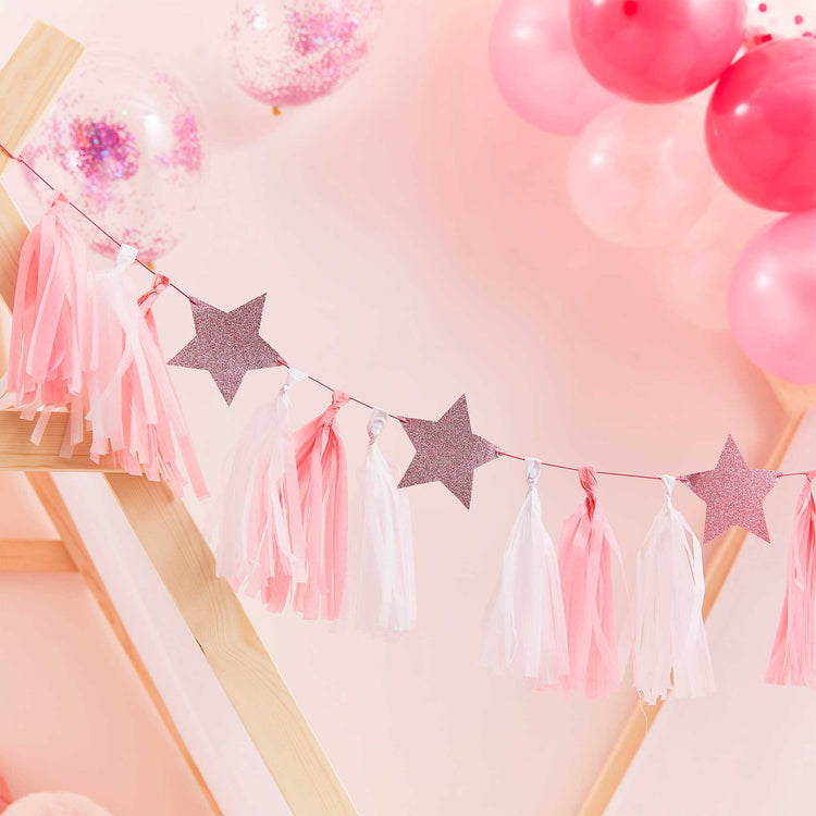 Pamper Party Pink Glitter Stars Tassel Garland