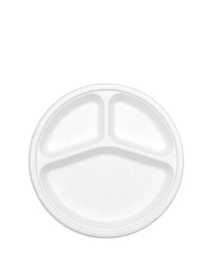 Eco White 22cm Round 3 Compartment Sugarcane Plates Pack of 25