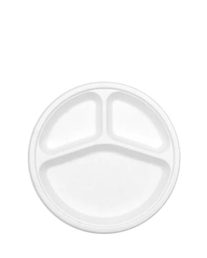Eco White 22cm Round 3 Compartment Sugarcane Plates Pack of 25