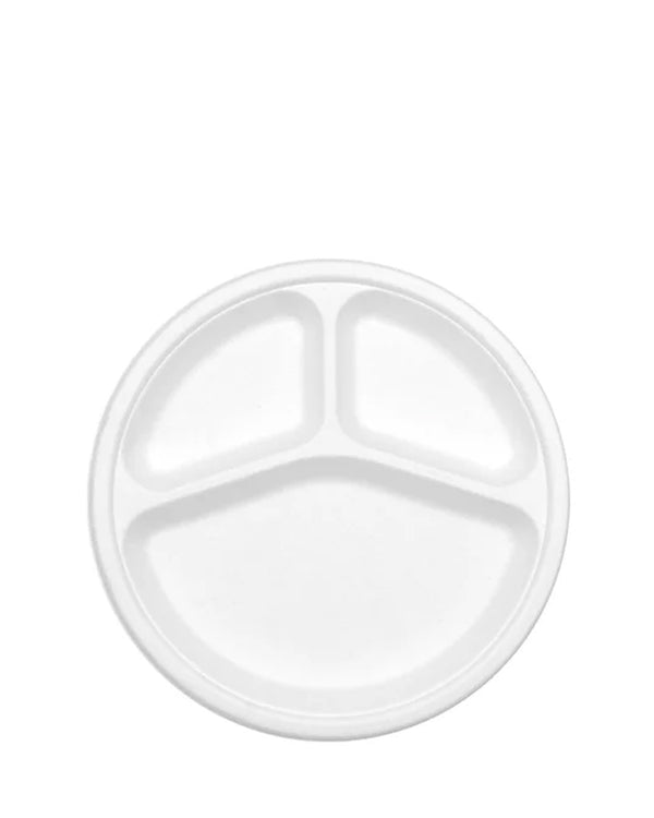 Eco White 22cm Round 3 Compartment Sugarcane Plates Pack of 25
