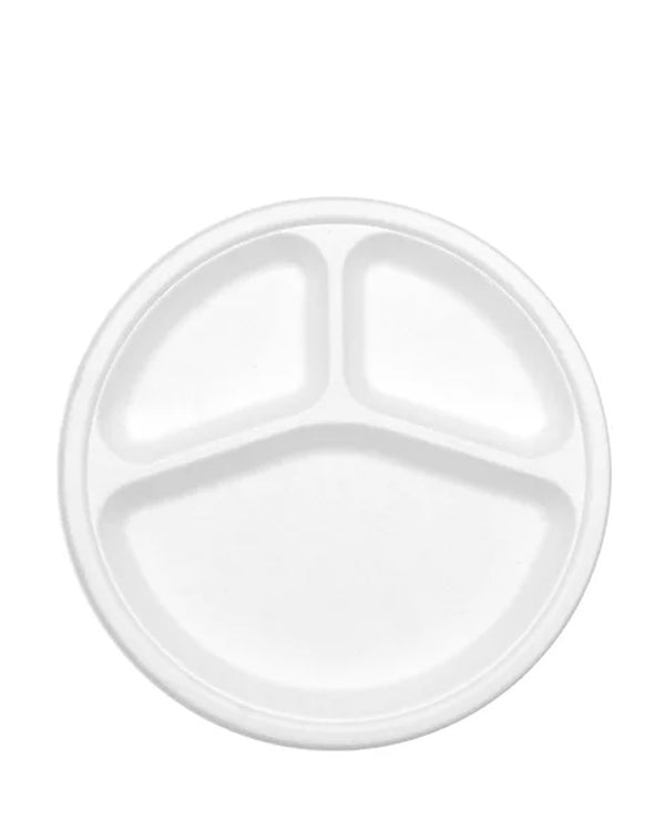 Eco White 25cm Round 3 Compartment Sugarcane Plates Pack of 25