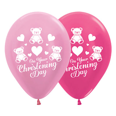 Sempertex 30cm On Your Christening Day Satin Pearl Pink & Metallic Fuchsia Latex Balloons, 6PK Pack of 6