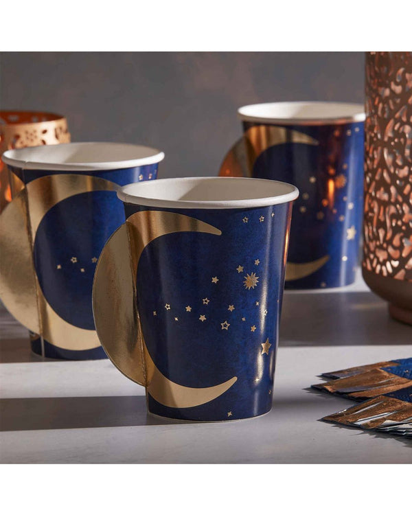 Eid 266ml Paper Cups Pop Out Moon Navy and Gold