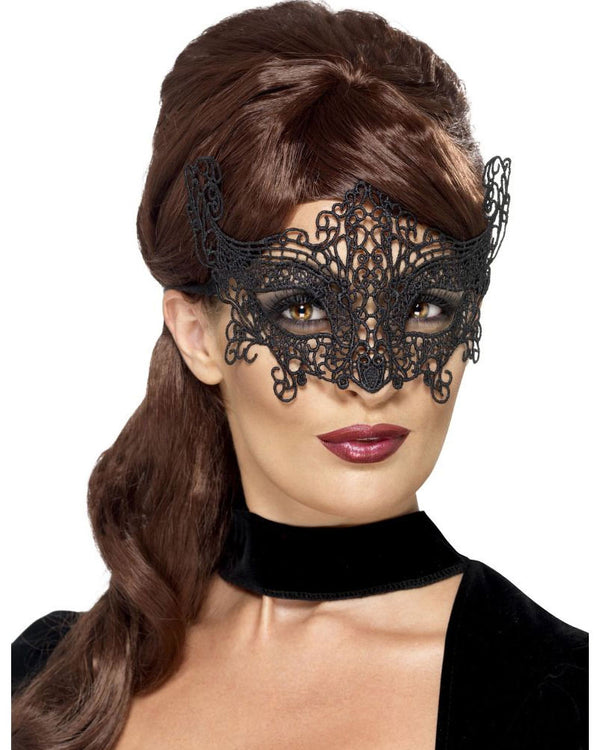 Embroidered Lace Filigree Swirl Black Eye Mask