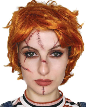 Evil Doll Orange and Red Wig with Scar Tattoos Set
