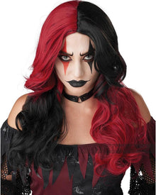 Evil Jester Long Red and Black Halloween Wig