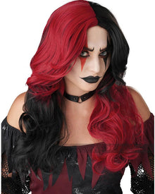 Evil Jester Long Red and Black Halloween Wig