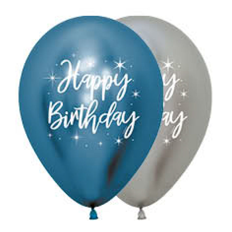 Sempertex 30cm Happy Birthday Metallic Reflex Blue & Silver Latex Balloons 12PK Pack of 12