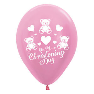 Sempertex 30cm On Your Christening Day Satin Pearl Pink Latex Balloons 25PK Pack of 25