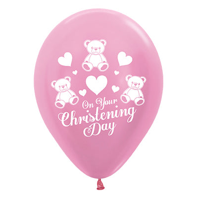 Sempertex 30cm On Your Christening Day Satin Pearl Pink Latex Balloons 25PK Pack of 25