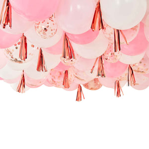 Mix It Up Blush White And Rose Gold Balloon Ceiling With Tassels